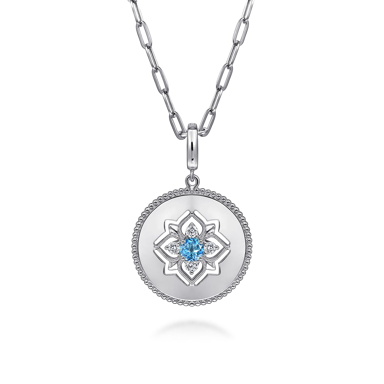 925 Sterling Silver Blue Topaz and White Sapphire Bujukan Medallion Pendant in size 24mm With Detachable Bail