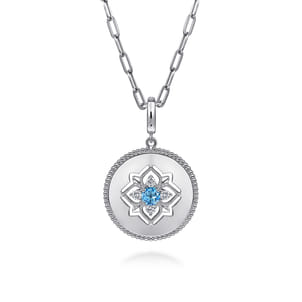 925 Sterling Silver Blue Topaz and White Sapphire Bujukan Medallion Pendant in size 24mm With Detachable Bail
