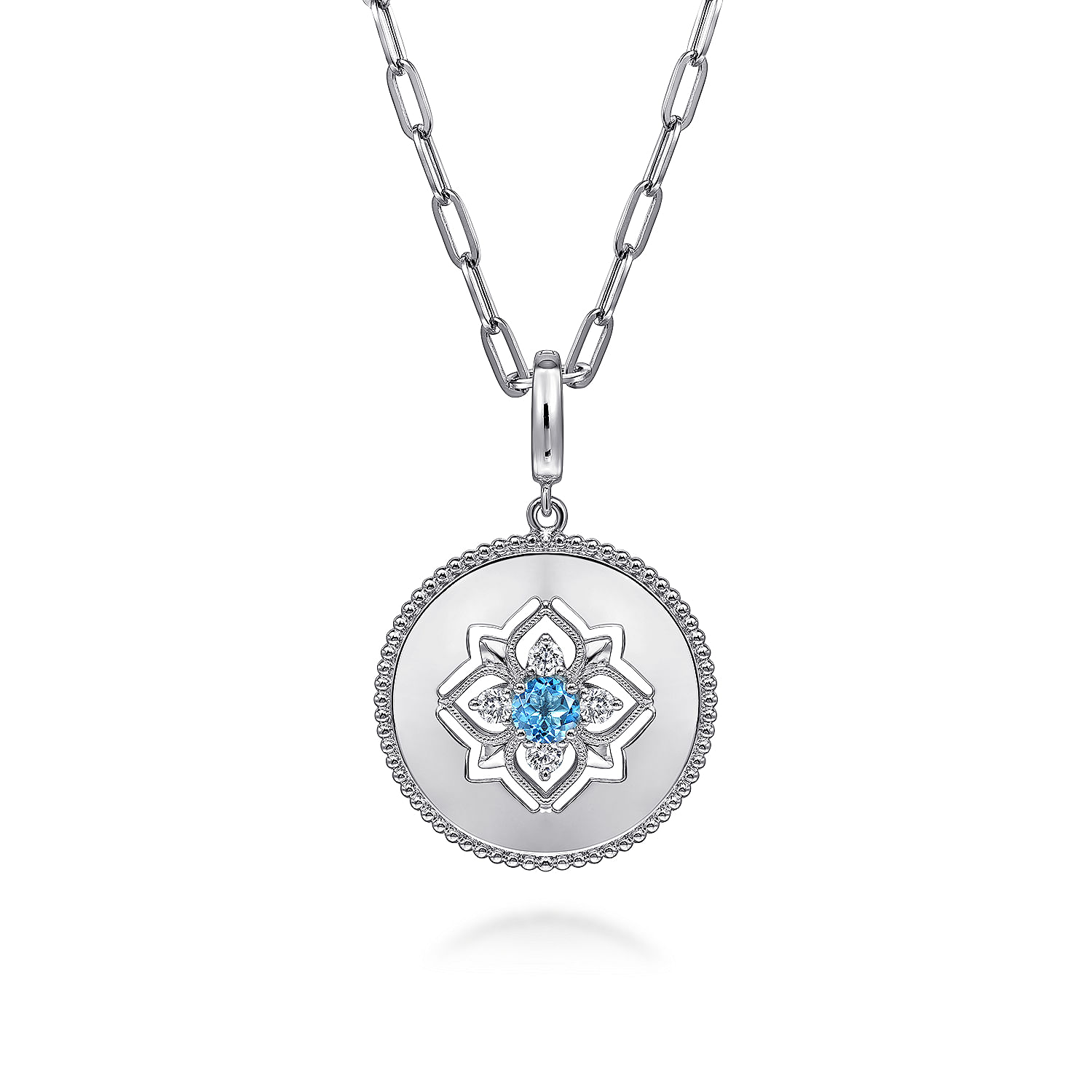 925 Sterling Silver Blue Topaz and White Sapphire Bujukan Medallion Pendant in size 24mm - Shot 3