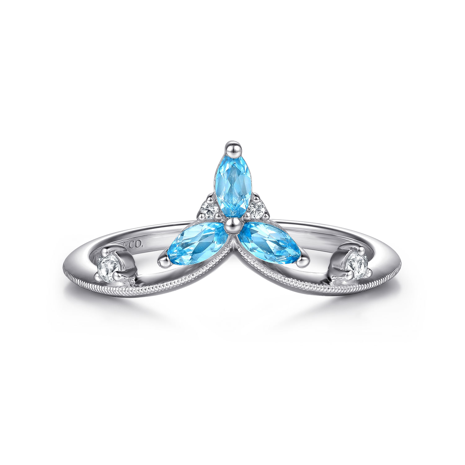 925 Sterling Silver Blue Topaz and White Sapphire Chevron Ring