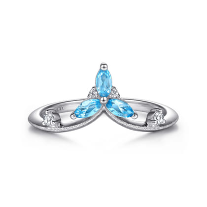 925 Sterling Silver Blue Topaz and White Sapphire Chevron Ring