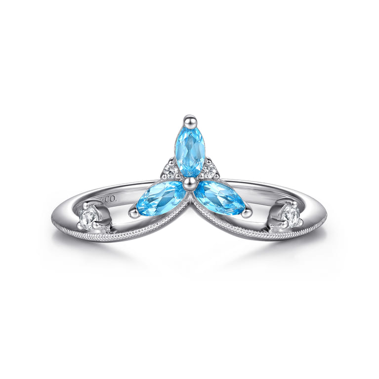 925 Sterling Silver Blue Topaz and White Sapphire Chevron Ring - Shot 1