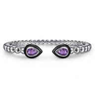 925 Sterling Silver Bujukan Amethyst Open Bangle Bracelet with Black Enamel