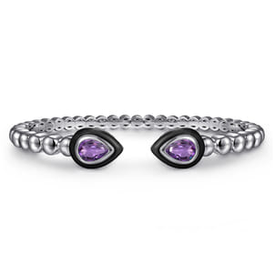 925 Sterling Silver Bujukan Amethyst Open Bangle Bracelet with Black Enamel