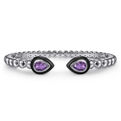 925 Sterling Silver Bujukan Amethyst Open Bangle Bracelet with Black Enamel