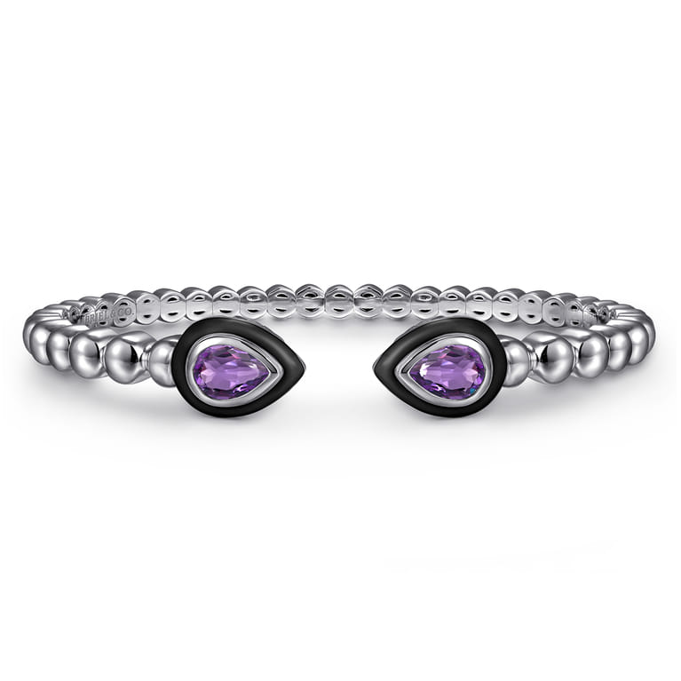 925 Sterling Silver Bujukan Amethyst Open Bangle Bracelet with Black Enamel - Shot 1
