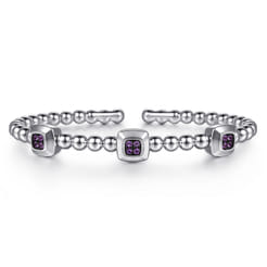 925 Sterling Silver Bujukan Amethyst Station Cuff Bangle Bracelet