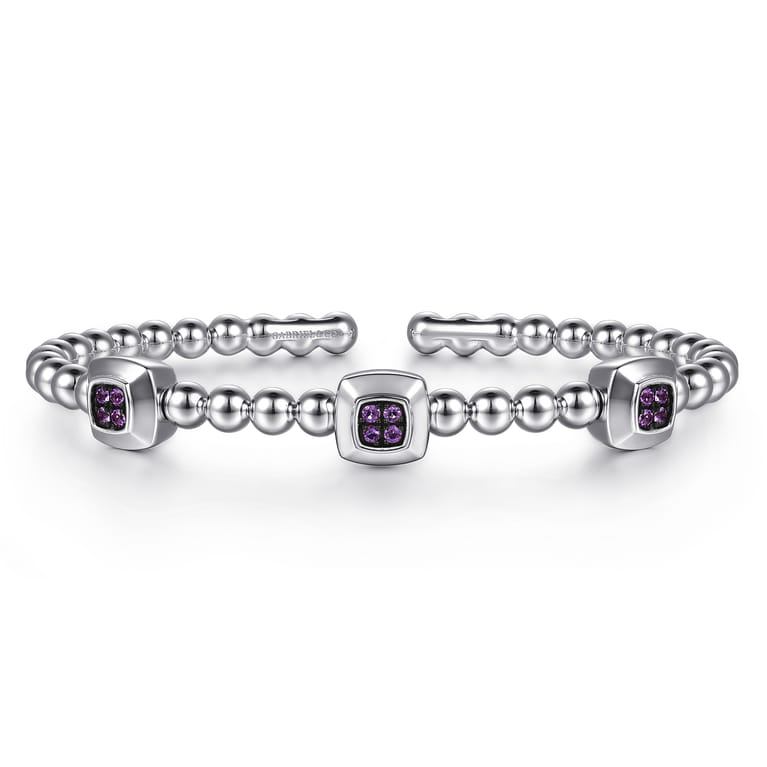 925 Sterling Silver Bujukan Amethyst Station Cuff Bangle Bracelet - Shot 1