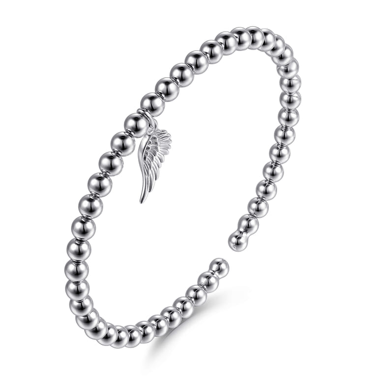 925 Sterling Silver Bujukan Beaded Angel Wing Charm Bangle Bracelet - Shot 2
