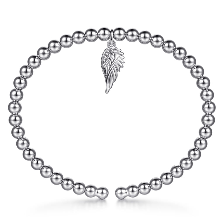 925 Sterling Silver Bujukan Beaded Angel Wing Charm Bangle Bracelet - Shot 3