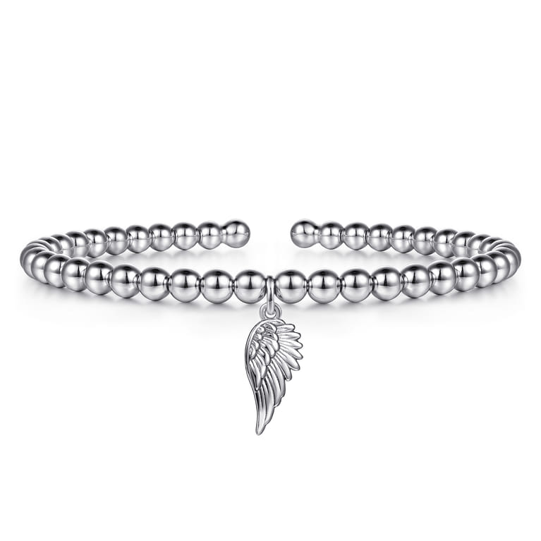 925 Sterling Silver Bujukan Beaded Angel Wing Charm Bangle Bracelet - Shot 1