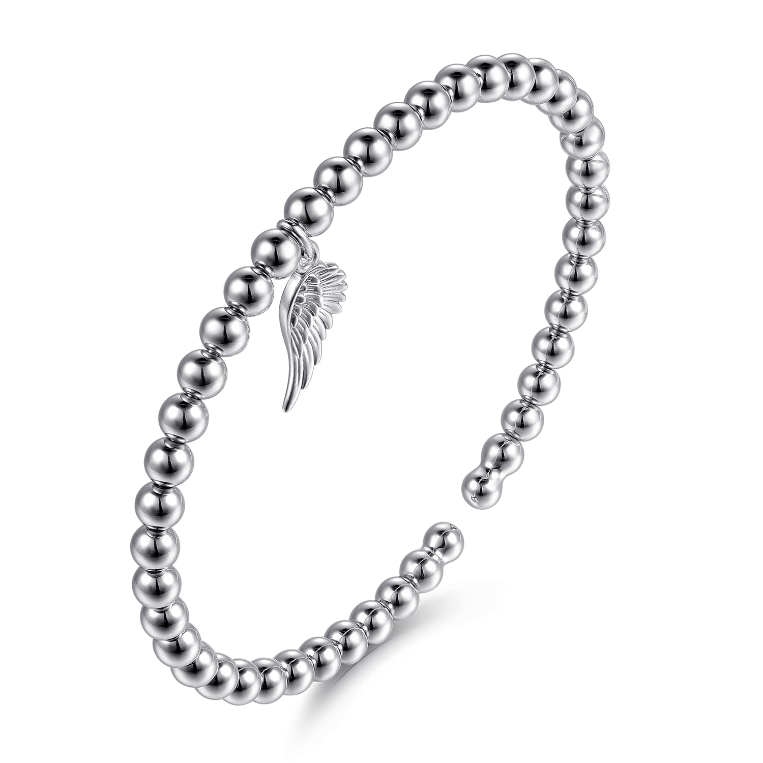 925 Sterling Silver Bujukan Beaded Angel Wing Charm Bangle Bracelet - Shot 2