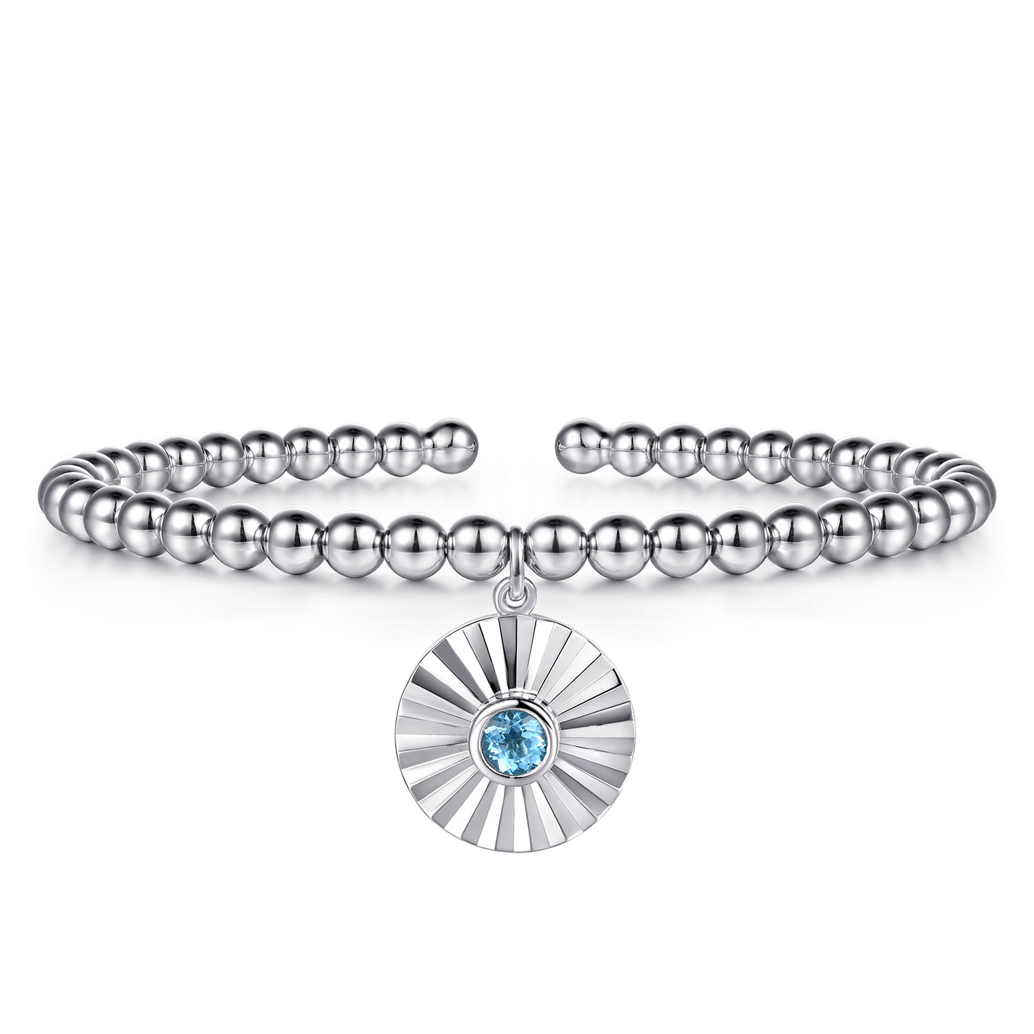 925 Sterling Silver Bujukan Beaded Bezel Set Blue Topaz and Diamond Cut Charm Bangle Bracelet - Shot 1