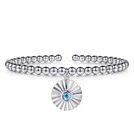 925 Sterling Silver Bujukan Beaded Bezel Set Blue Topaz and Diamond Cut Charm Bangle Bracelet