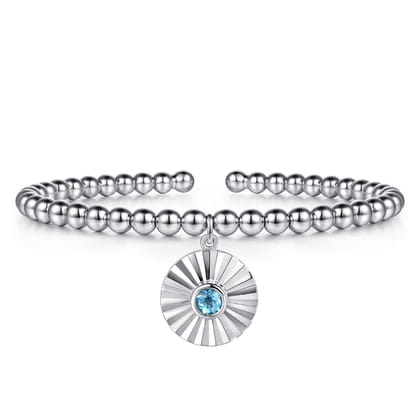 925 Sterling Silver Bujukan Beaded Bezel Set Blue Topaz and Diamond Cut Charm Bangle Bracelet