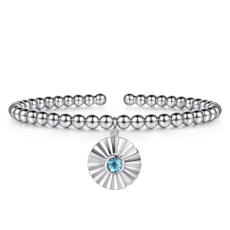 925 Sterling Silver Bujukan Beaded Bezel Set Blue Topaz and Diamond Cut Charm Bangle Bracelet - Shot 1