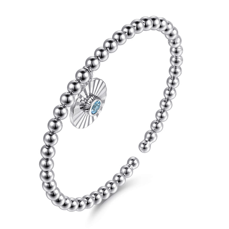 925 Sterling Silver Bujukan Beaded Bezel Set Blue Topaz and Diamond Cut Charm Bangle Bracelet - Shot 2