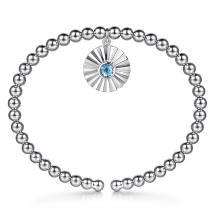 925 Sterling Silver Bujukan Beaded Bezel Set Blue Topaz and Diamond Cut Charm Bangle Bracelet
