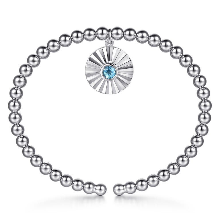 925 Sterling Silver Bujukan Beaded Bezel Set Blue Topaz and Diamond Cut Charm Bangle Bracelet - Shot 3
