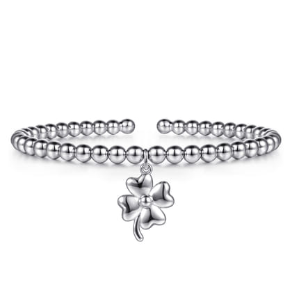 925 Sterling Silver Bujukan Beaded Clovers Charm Bangle Bracelet