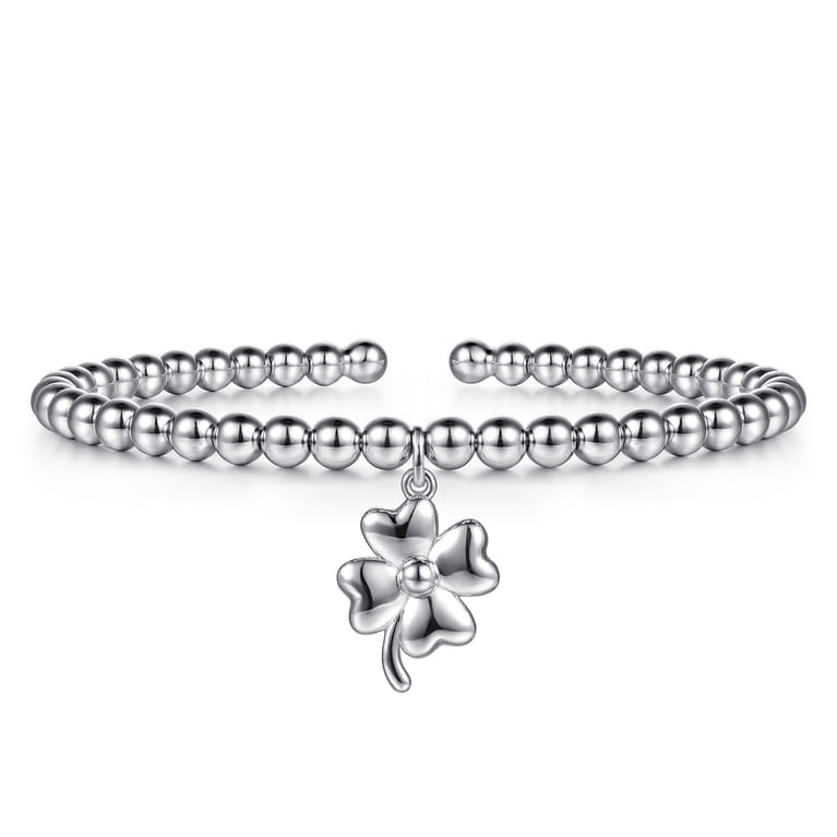 925 Sterling Silver Bujukan Beaded Clovers Charm Bangle Bracelet - Shot 1