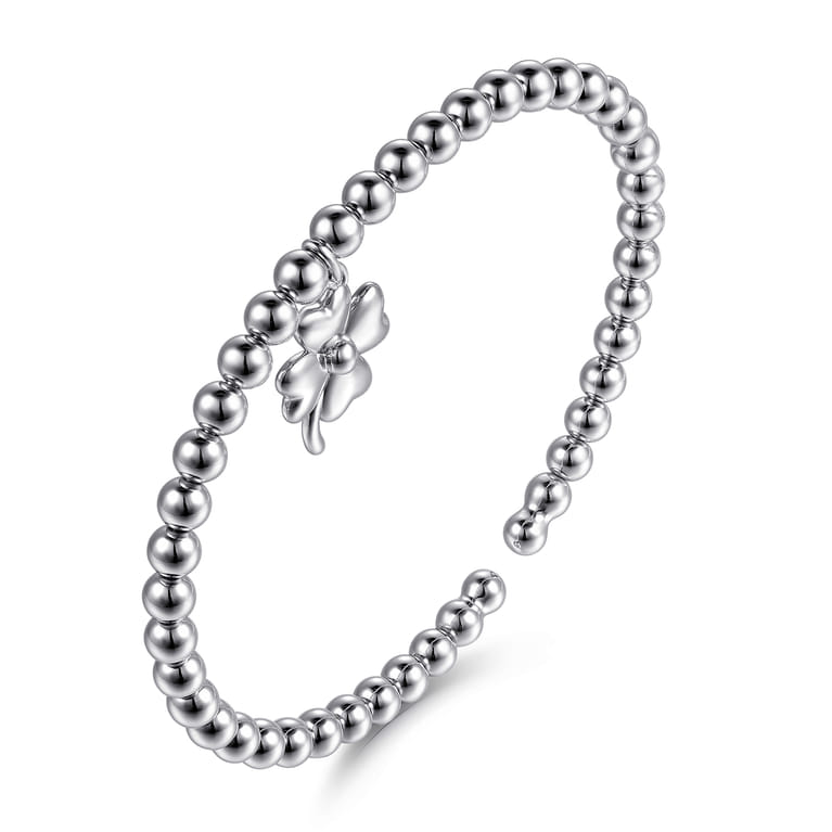 925 Sterling Silver Bujukan Beaded Clovers Charm Bangle Bracelet - Shot 2