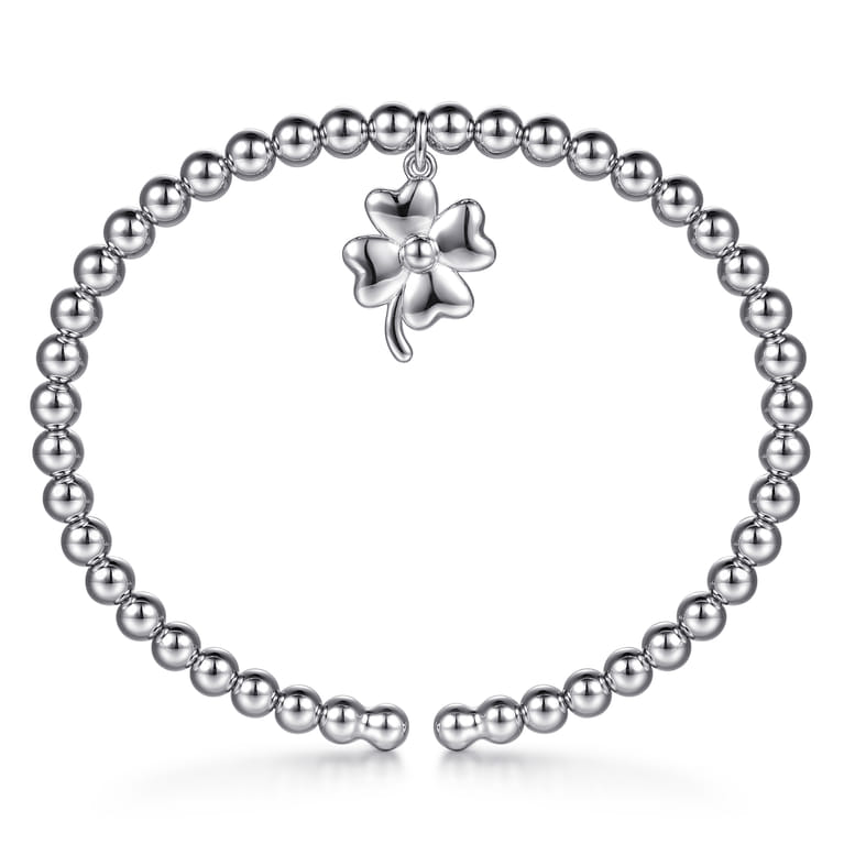 925 Sterling Silver Bujukan Beaded Clovers Charm Bangle Bracelet - Shot 3