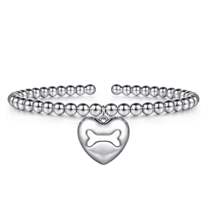 925 Sterling Silver Bujukan Beaded Heart Charm Bangle Bracelet