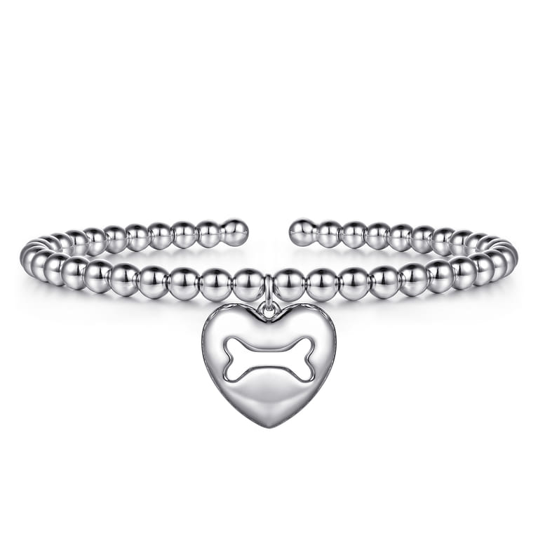 925 Sterling Silver Bujukan Beaded Heart Charm Bangle Bracelet - Shot 1