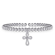 925 Sterling Silver Bujukan Beaded Rope Cross Charm Bangle Bracelet