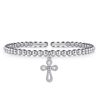 925 Sterling Silver Bujukan Beaded Rope Cross Charm Bangle Bracelet