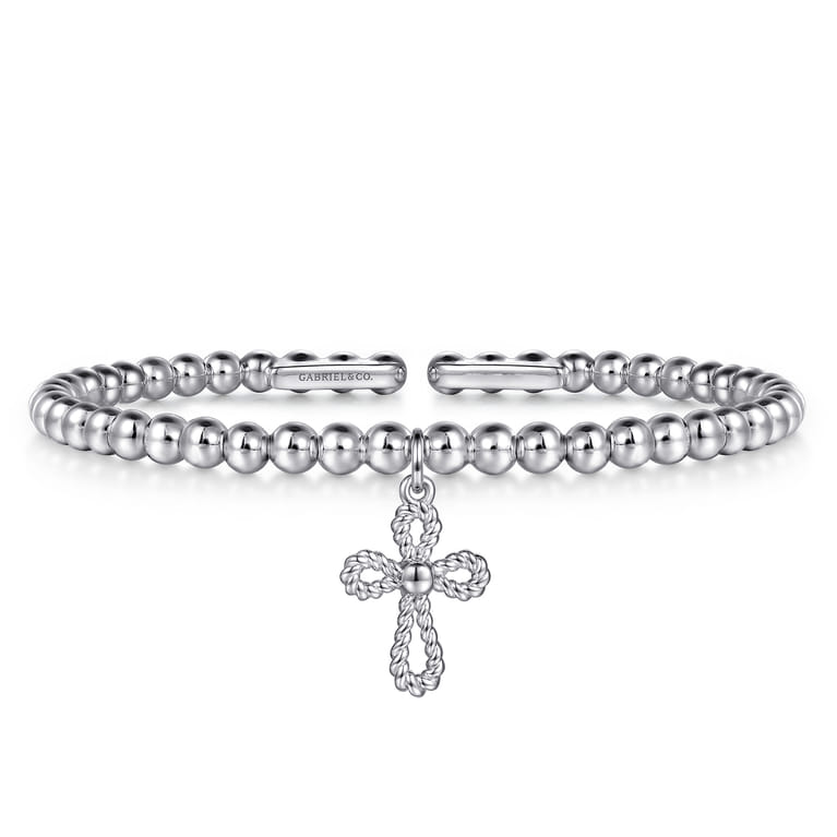 925 Sterling Silver Bujukan Beaded Rope Cross Charm Bangle Bracelet - Shot 1