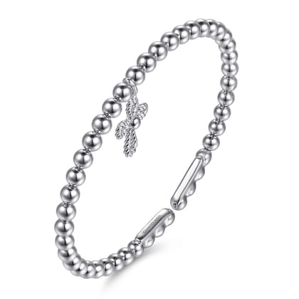 925 Sterling Silver Bujukan Beaded Rope Cross Charm Bangle Bracelet