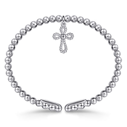 925 Sterling Silver Bujukan Beaded Rope Cross Charm Bangle Bracelet