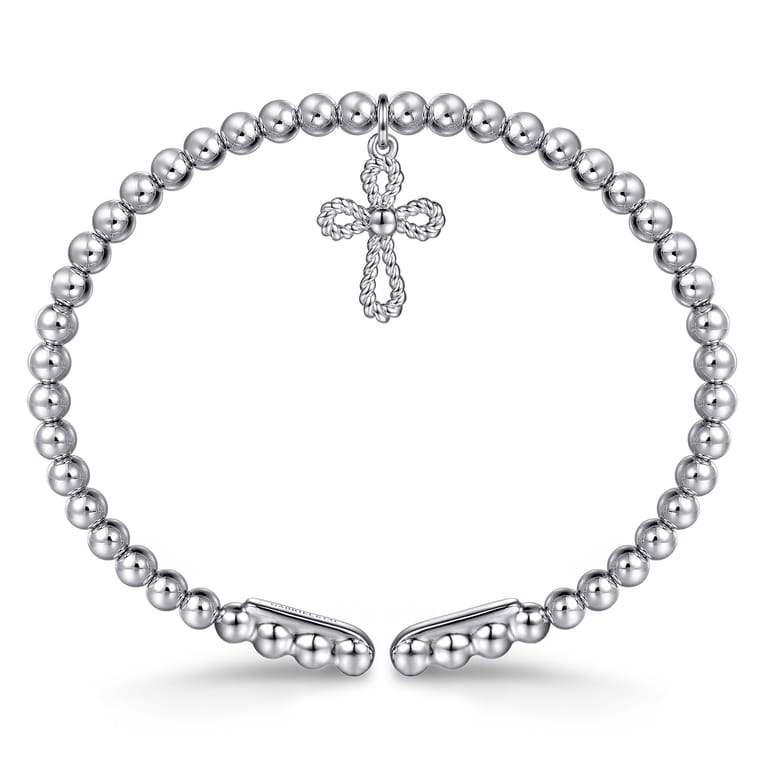 925 Sterling Silver Bujukan Beaded Rope Cross Charm Bangle Bracelet - Shot 3