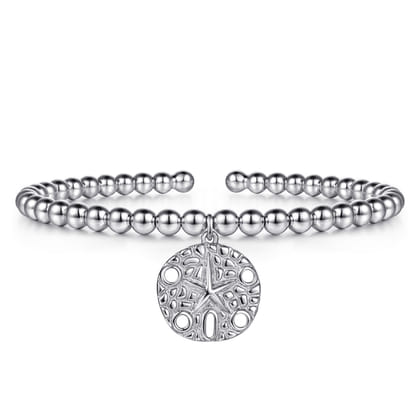 925 Sterling Silver Bujukan Beaded Sand Dollar Charm Bangle Bracelet