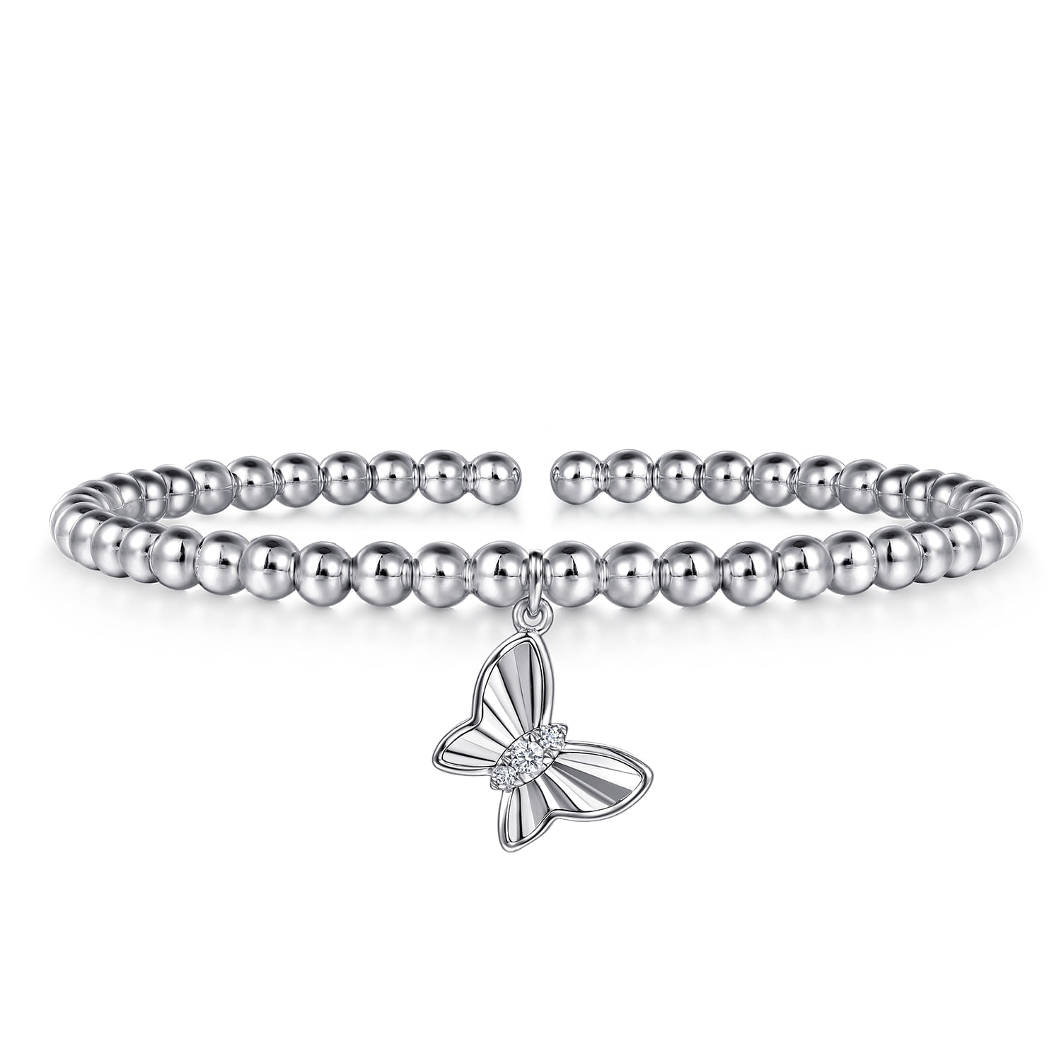925 Sterling Silver Bujukan Beaded White Sapphire Butterfly Charm Bangle Bracelet - Shot 1