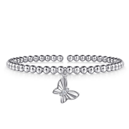 925 Sterling Silver Bujukan Beaded White Sapphire Butterfly Charm Bangle Bracelet