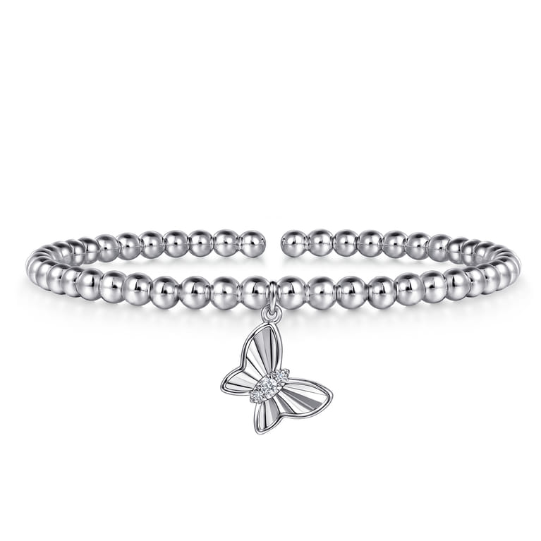 925 Sterling Silver Bujukan Beaded White Sapphire Butterfly Charm Bangle Bracelet - Shot 1