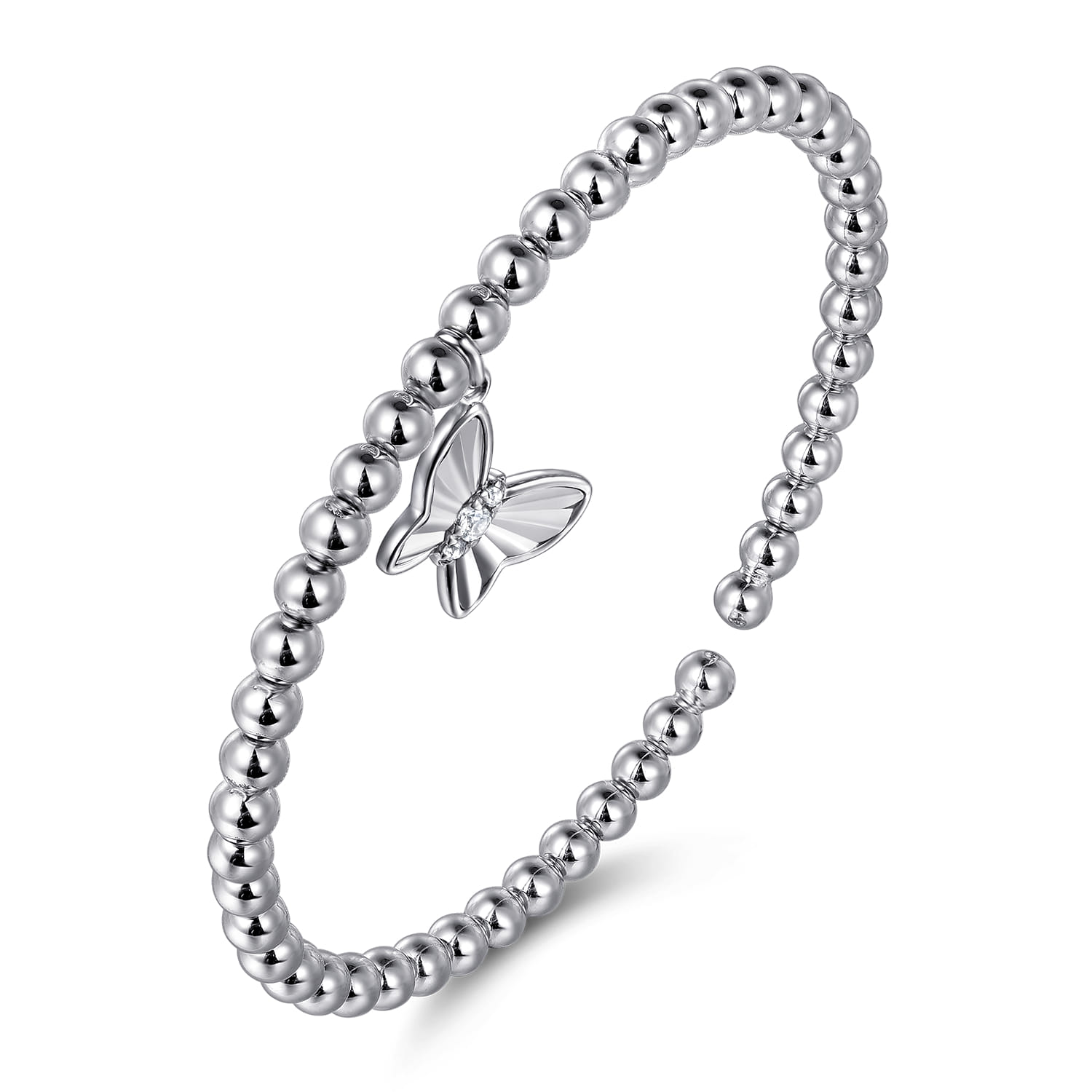 925 Sterling Silver Bujukan Beaded White Sapphire Butterfly Charm Bangle Bracelet - Shot 2