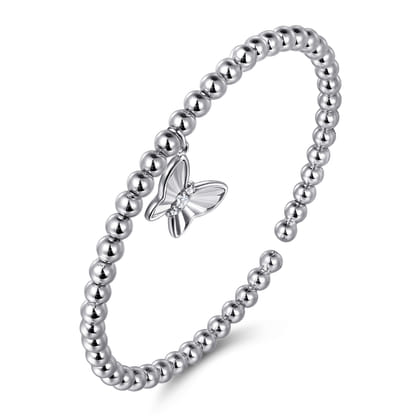 925 Sterling Silver Bujukan Beaded White Sapphire Butterfly Charm Bangle Bracelet