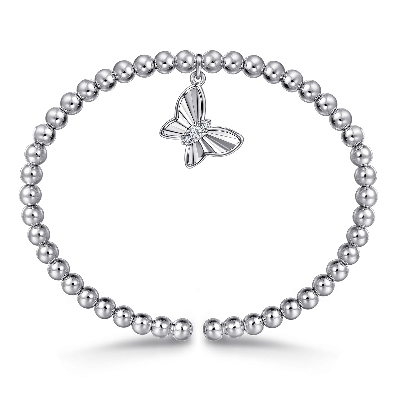 925 Sterling Silver Bujukan Beaded White Sapphire Butterfly Charm Bangle Bracelet - Shot 3