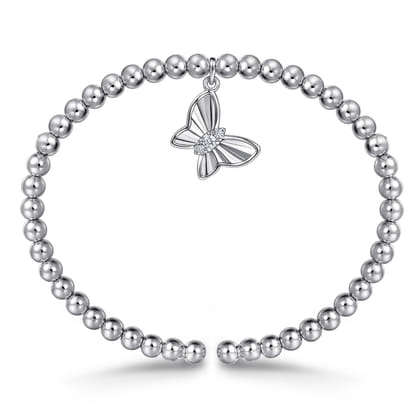 925 Sterling Silver Bujukan Beaded White Sapphire Butterfly Charm Bangle Bracelet