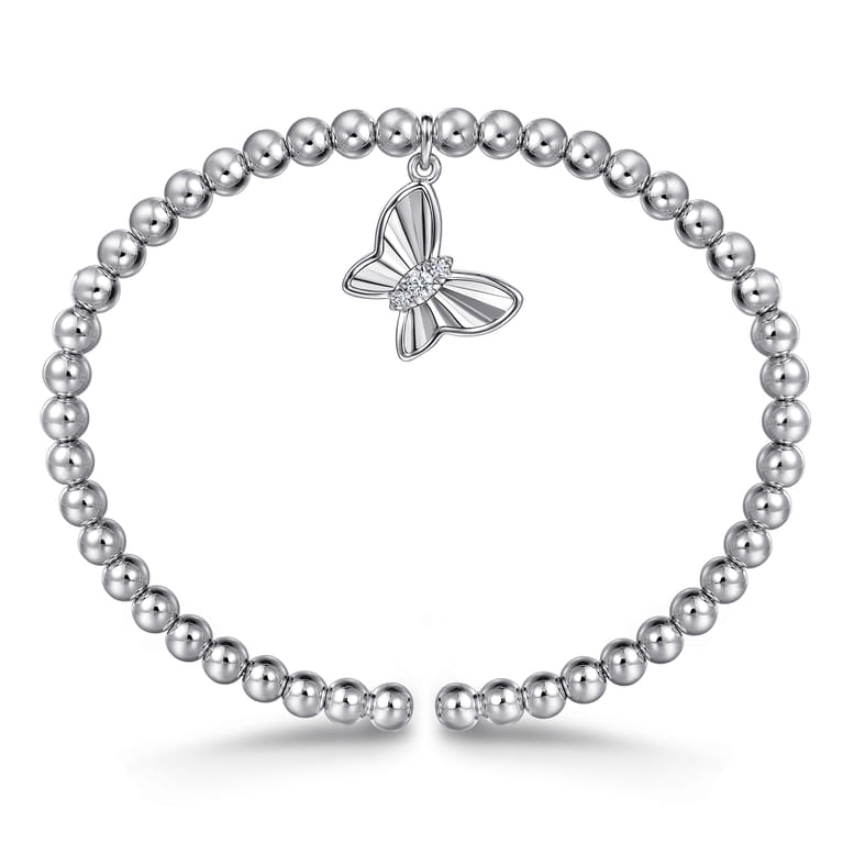 925 Sterling Silver Bujukan Beaded White Sapphire Butterfly Charm Bangle Bracelet - Shot 3