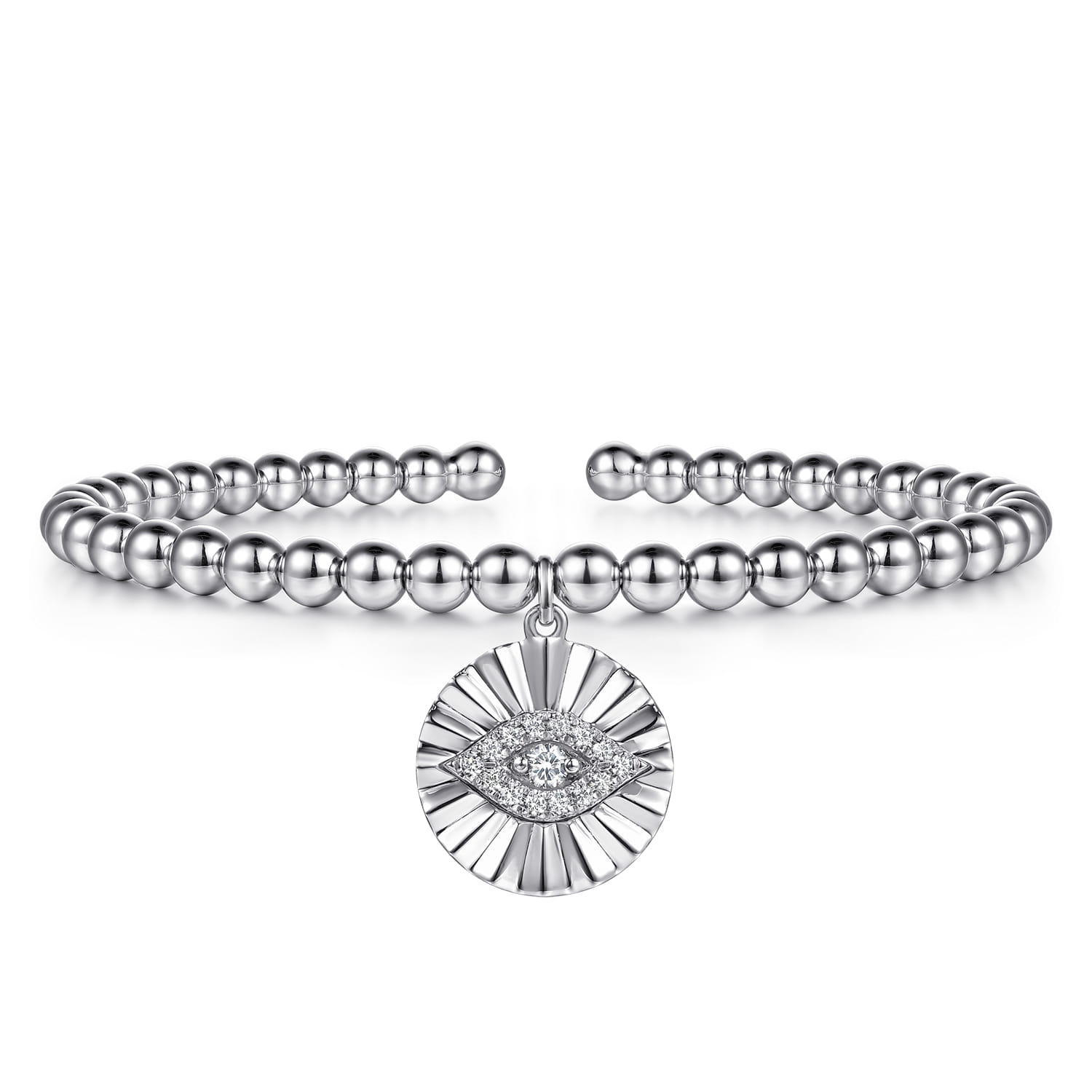 925 Sterling Silver Bujukan Beaded White Sapphire Evil Eye Charm Bangle Bracelet - Shot 1