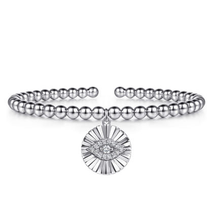 925 Sterling Silver Bujukan Beaded White Sapphire Evil Eye Charm Bangle Bracelet