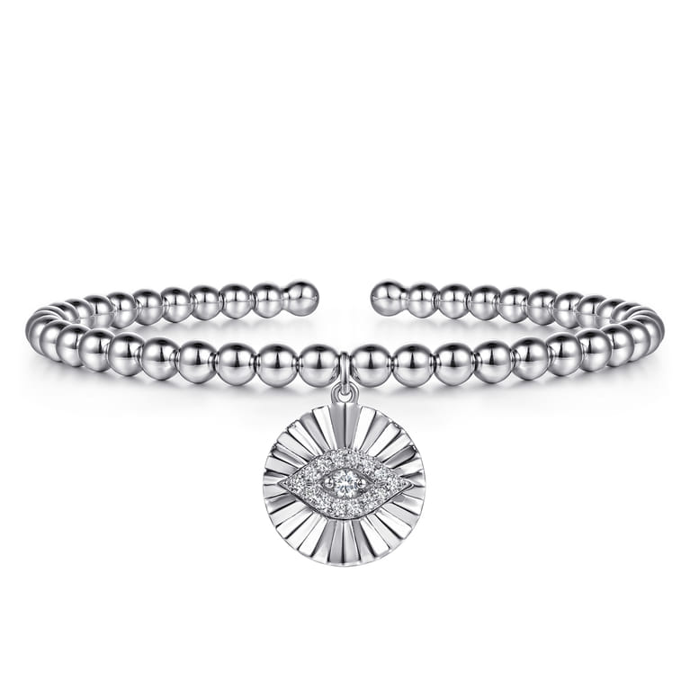 925 Sterling Silver Bujukan Beaded White Sapphire Evil Eye Charm Bangle Bracelet - Shot 1