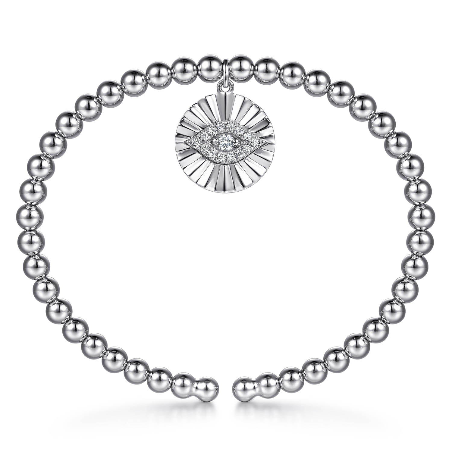 925 Sterling Silver Bujukan Beaded White Sapphire Evil Eye Charm Bangle Bracelet - Shot 3