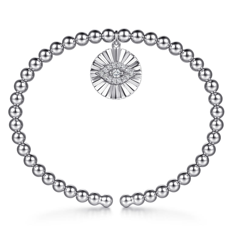 925 Sterling Silver Bujukan Beaded White Sapphire Evil Eye Charm Bangle Bracelet - Shot 3