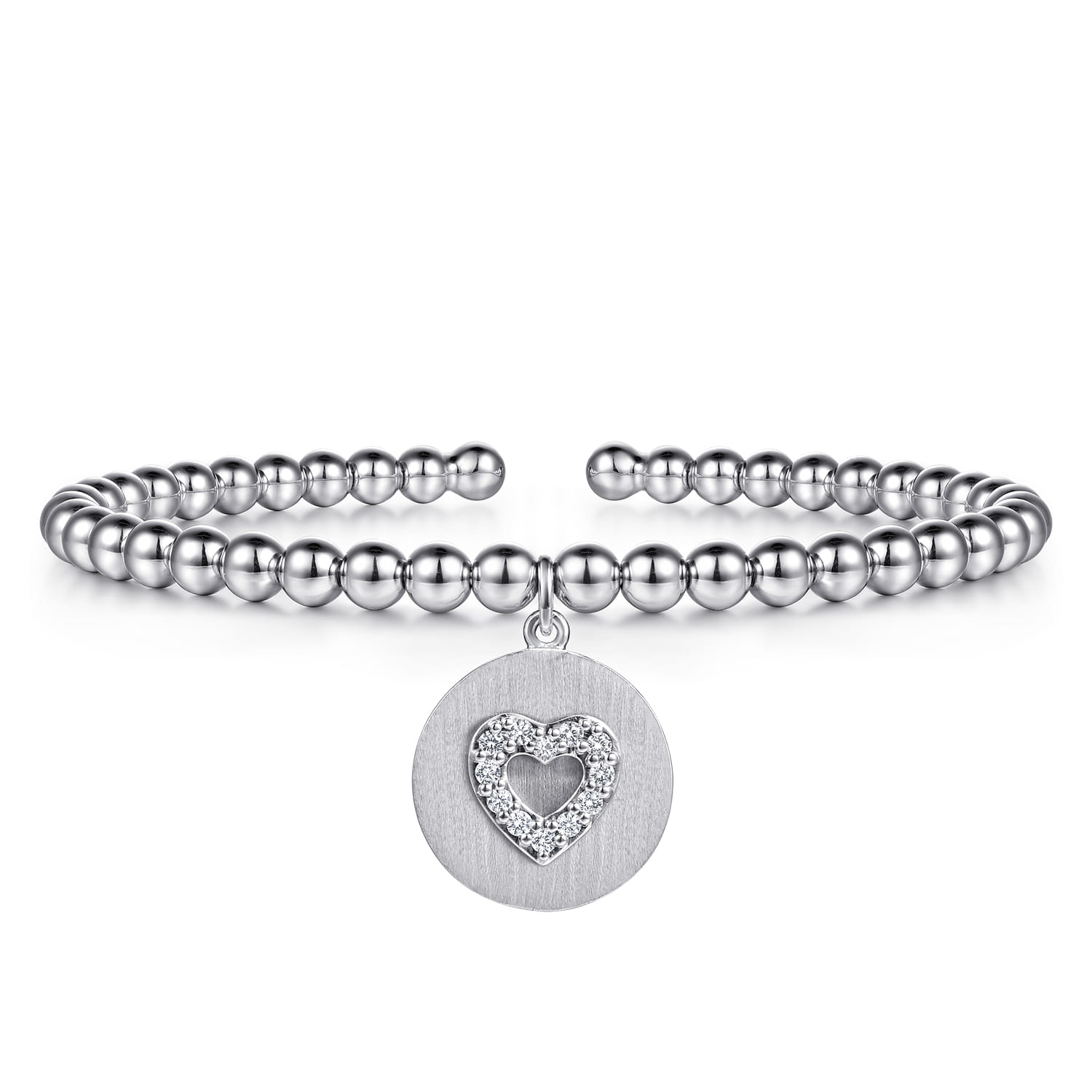 925 Sterling Silver Bujukan Beaded White Sapphire Heart Charm Bangle Bracelet - Shot 1